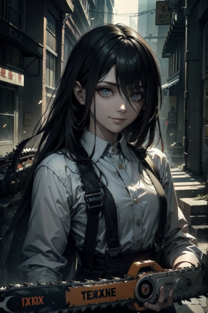 masterpiece, 最high quality, high quality, Super detailed, One person, alone, Long Hair, View your viewers, smile, Shine eyes, (((Has a chainsaw))), dystopian city Horror background, Upper Body, Black Hair, Blood, mask, Shine, Shine eyes , Has a chainsaw, Texas Chainsaw Girl, Horror, Dark atmosphere, Dark fantasy, Dynamic Angle, Dramatic Shadows, (It's dim:1.5), Blood on face, (Very beautiful精巧な顔:1.2), (Very beautiful、Fine grain:1.2), Perfect hands, Delicate legs, (Gothic style, Atmosphere of death), at night, Backstreets
