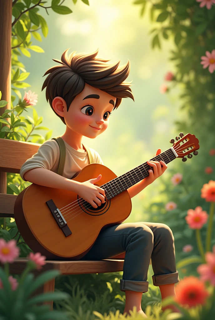 A handsome boy playing a guitar in the garden sitting in the bench