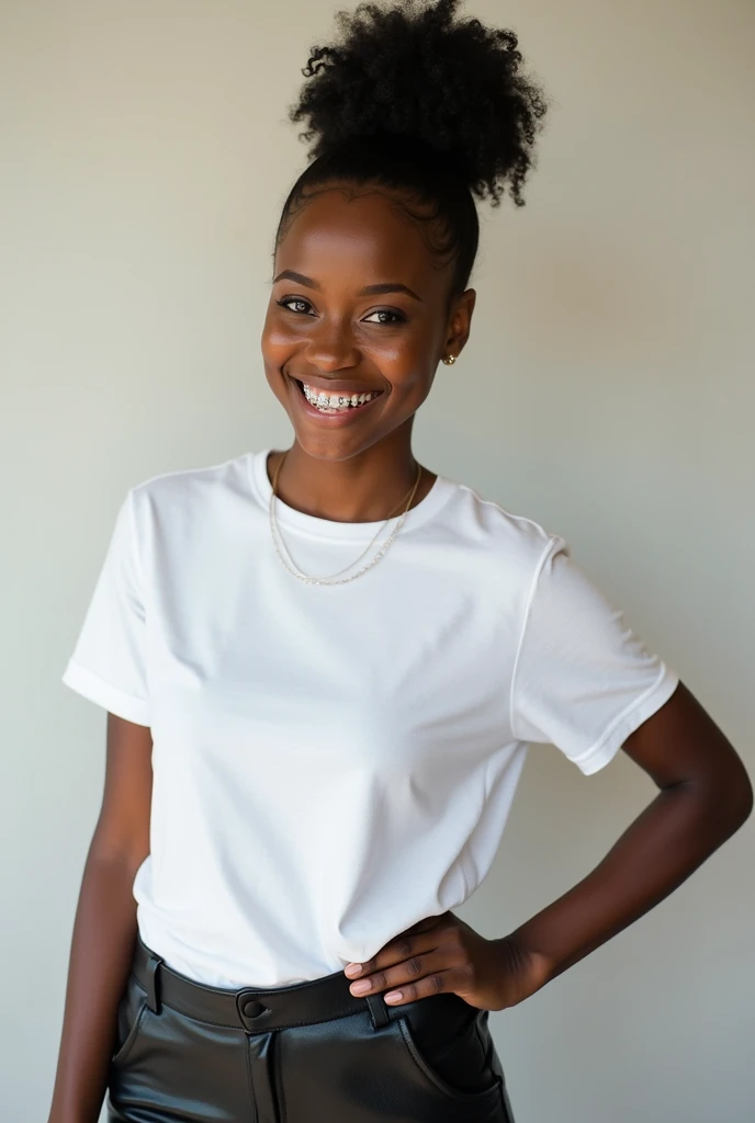 black woman hair in a bun, black leather short shorts, white tshirt, smiling braces on teeth
