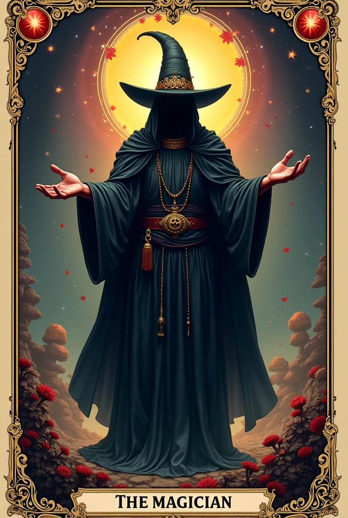 (best quality,4k,8k,highres,masterpiece:1.2),ultra-detailed,realistic,(vibrant colors,colorful,rich colors:1.1),dynamic lighting,tarot card, the magician, hat shrouding face in shadow,