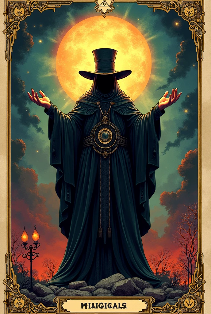 (best quality,4k,8k,highres,masterpiece:1.2),ultra-detailed,realistic,(vibrant colors,colorful,rich colors:1.1),dynamic lighting,tarot card, the magician, hat shrouding face in shadow,