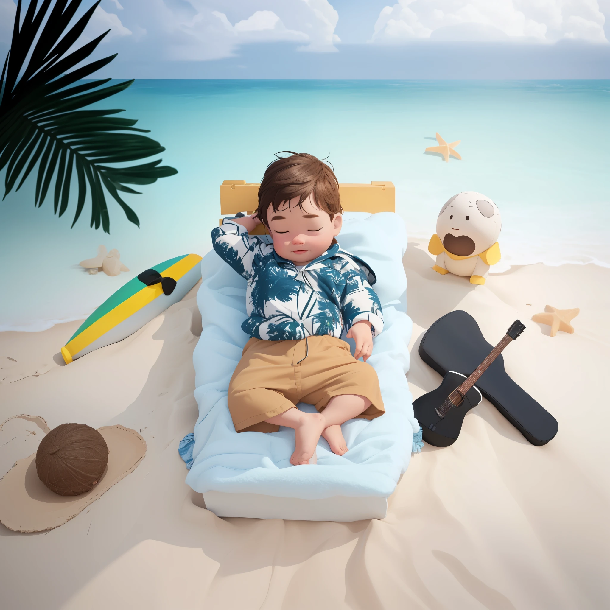 there is a that is laying on a blanket on the beach, vacation photo, photoshot, foto, it's is relaxing on a beach, 3D render, 3D Cartoon, big head, cartoonish look, high resolution, super detail, soft lighting