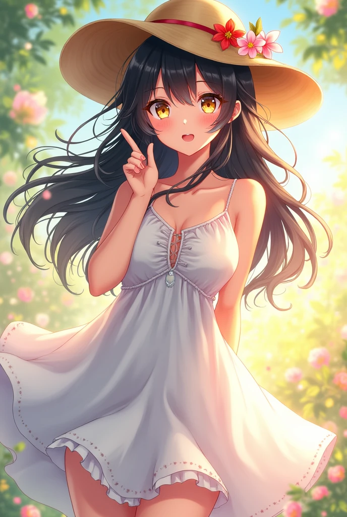 Anime girl, tan skin, yellow eyes, long black hair, white highlights, full body, sundress, sun hat, flower hair accessories, suprised