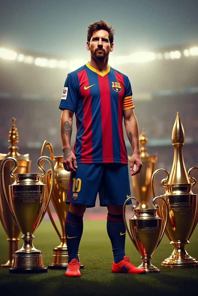 Messi with all of his Trophys.