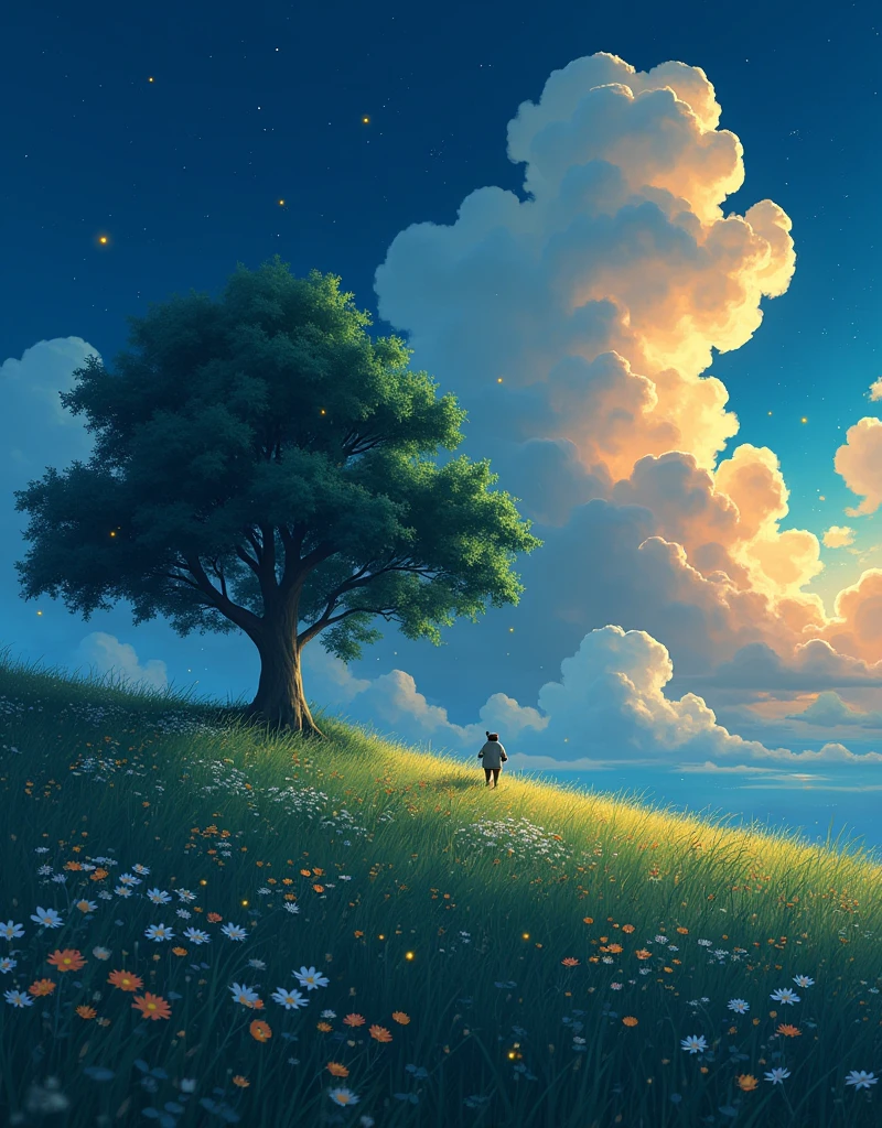 masterpiece!!!! 8k GHIBLI ANIME STYLE!!!!! The image shows a serene night scene of a Flower Field on the Hill, big tree,  majestic clouds billowing blue golden lighting anime 8k l fireflies grass night golden leaves stylo anime ghibli, under tree, boil a night sky, clouds animated lighting!!!!!! and shadow, Firefly