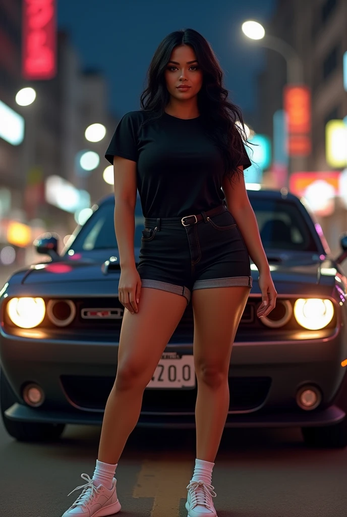 (photorealism:1.2), beautiful curve asian woman, wavy long blackhaired, wearing black tshirt, shorts phant, wearing white newbalance shoes, standing front a car dodge charger, on the street city, at night
