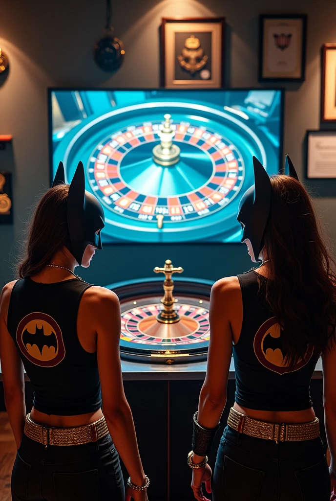 A personalized room with medals, roulette frame, roulette course certificate on the wall and a projector projecting the roulette game on the wall in the center of the room with shirtless women wearing Batman masks, army vest with roller logo, diamond chain, Rolex does not pulse, turned around watching the game on the projector