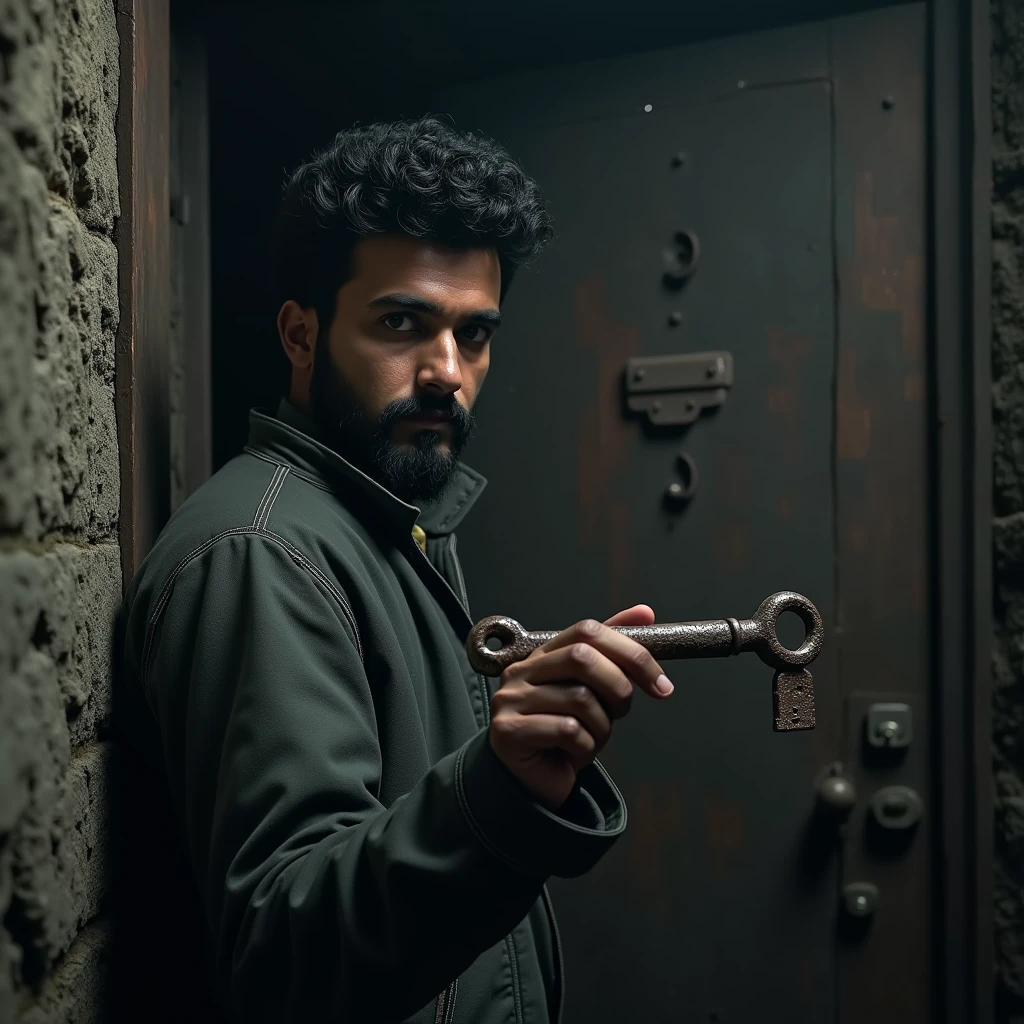 Vijay holding an old iron key in his hand, standing right in front of the mysterious door, ready to unlock it ,with a slight sense of dread in the atmosphere 