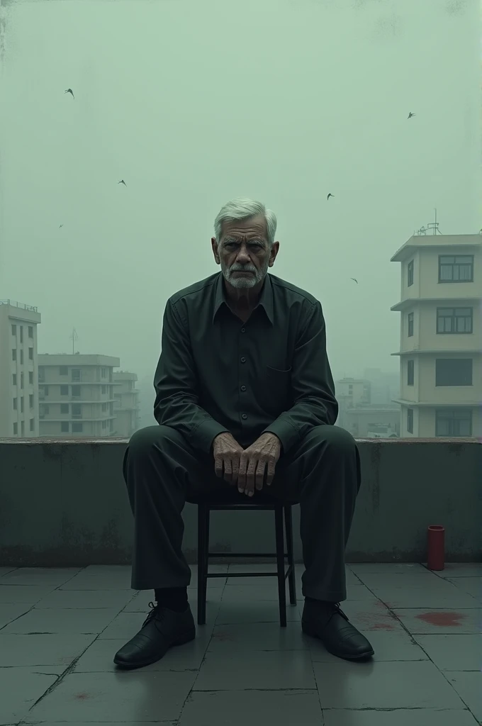 : A man sitting alone on a chair on the rooftop. His posture is slouched, indicating distress or anxiety. His expression is disturbed, as if he is hearing something terrifying that no one else can hear.Focus: Nishith should be the focal point, with attention drawn to his facial expression and body language.