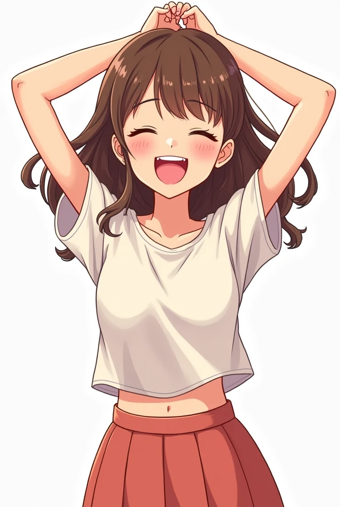 Create a LINE sticker of a brown-haired girl with bangs named Miya who is laughing.., full body image.