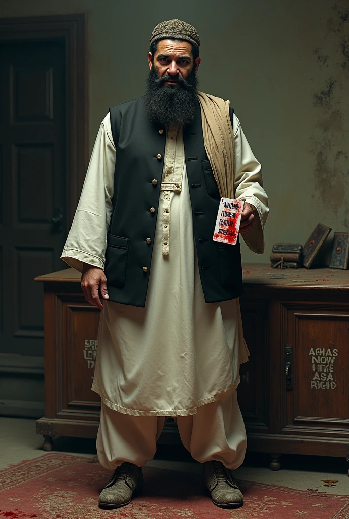 Taliban leader in white Afghan dress, black waistcoat, dirty shoes, big bearded, red bloody eyes, dirty smile, holding a play card in which it is written with blood that “ Afghans are now slaves of Pakistan”. A nearby sideboard write “Unislamic Taliban Regime “.