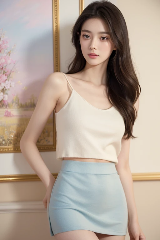 Thin Girl, Floral miniskirt, Narrow hips, Beautiful and delicate eyes, Beautiful and delicate lips, extremely detailed face, Long eyelashes, elegant, graceful posture, Calm expression, warm light, Soft colors, pastel color palette, detailed painting, Digital art, Very detailed, 8k, Realistic, masterpiece, bright colors, movie lighting, fantasy, dreamlike