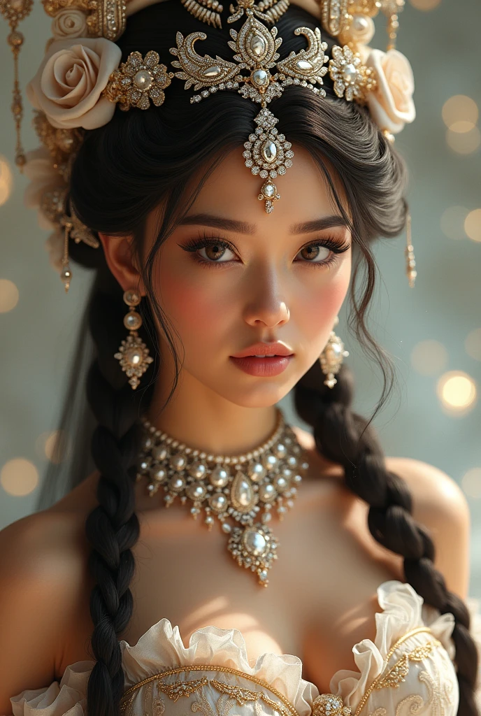   Seductive Princess Girl, expressive sparkling eyes, very long eyelashes, snub nose, plump raspberry lips ,  lush wide braids, kokoshnik, Burga, Tika, filigree arabic jewelry, diamonds, silk bows, glitter, glitter, honeycore, beauty aesthetical girl, glam design, , a high resolution, Exposure Depth.