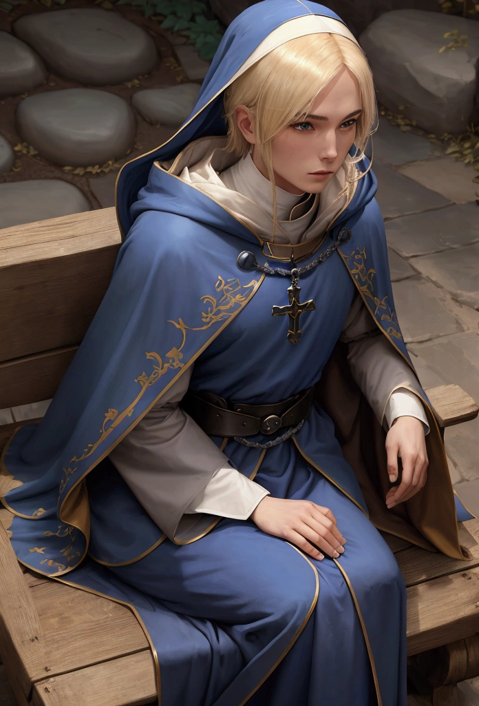 blond haired woman sitting on a stone bench with a Blue coat, Dress like a monk, ((Wearing a noble costume)), Blue coat, Image of a male nun, Azure Cape, Wearing a noble costume, Portrait of a Wildcloak fin, Alfriq Overguard, Wear a cloak on the bomb plain., Blue coat