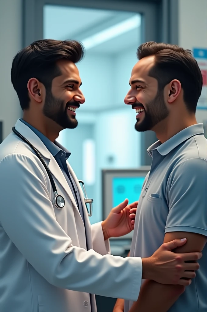 30 years Indian male doctor is looking at the Indian male patient, both are smiling looking each other.