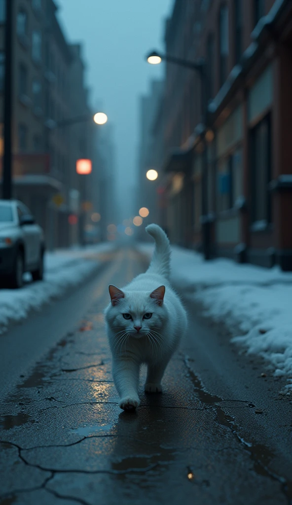 The white cat has some wounds on its hands., body walking on the street corner cold evening, there are street lights