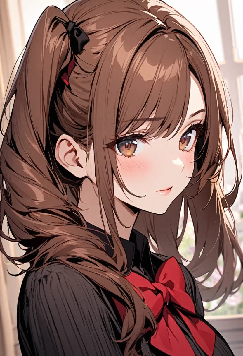 Solo, 1girl, Long Hair, brown hair, brown eyes, mature, side ponytail, red bow, high detail, beautiful eyes, beautiful color, cute, adult, innocent