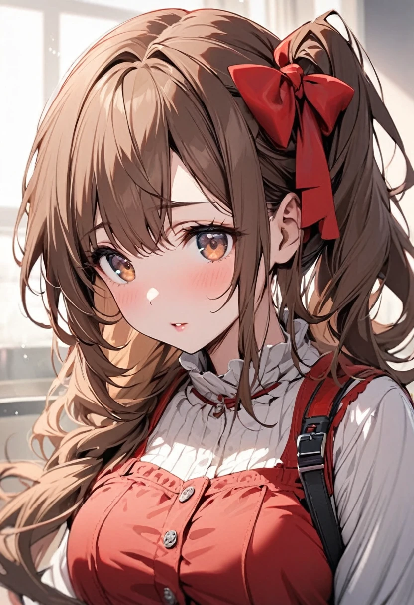 Solo, 1girl, Long Hair, brown hair, brown eyes, mature, side ponytail, red bow, high detail, beautiful eyes, beautiful color, cute, adult, innocent