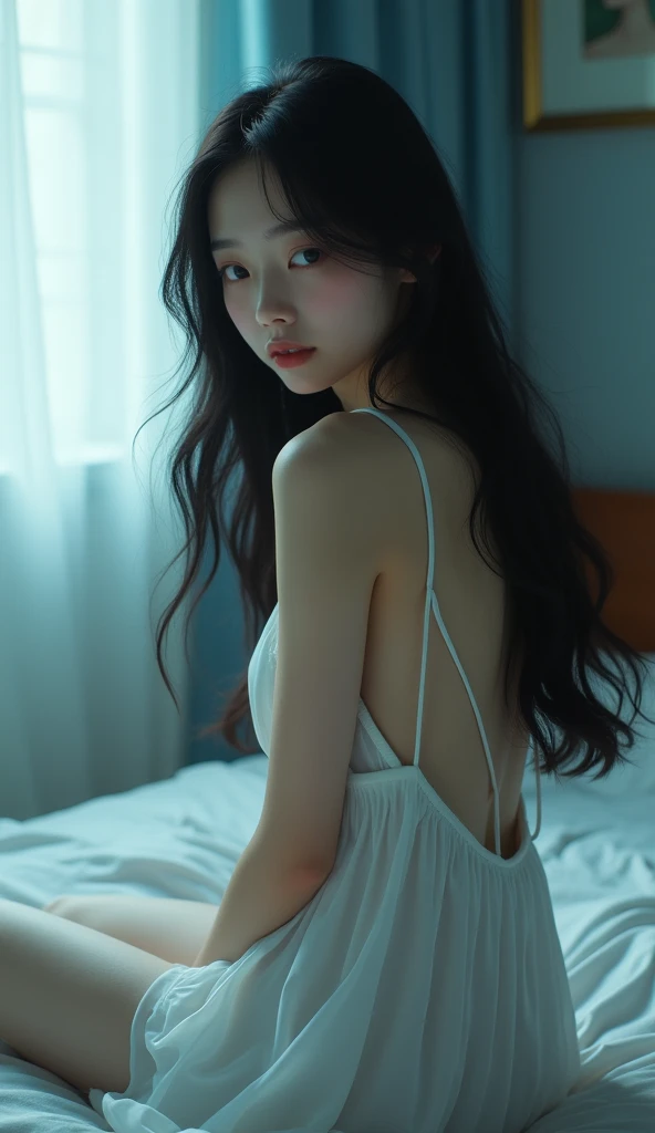 nude,masterpiece, Highest quality,High resolution,Alone,Back view,looking over shoulder at camera,Black long hair,Very young Japanese woman、Very fine skin,Sitting on the bed , The room is very cool、Beautiful lighting, Highly detailed 8K photos