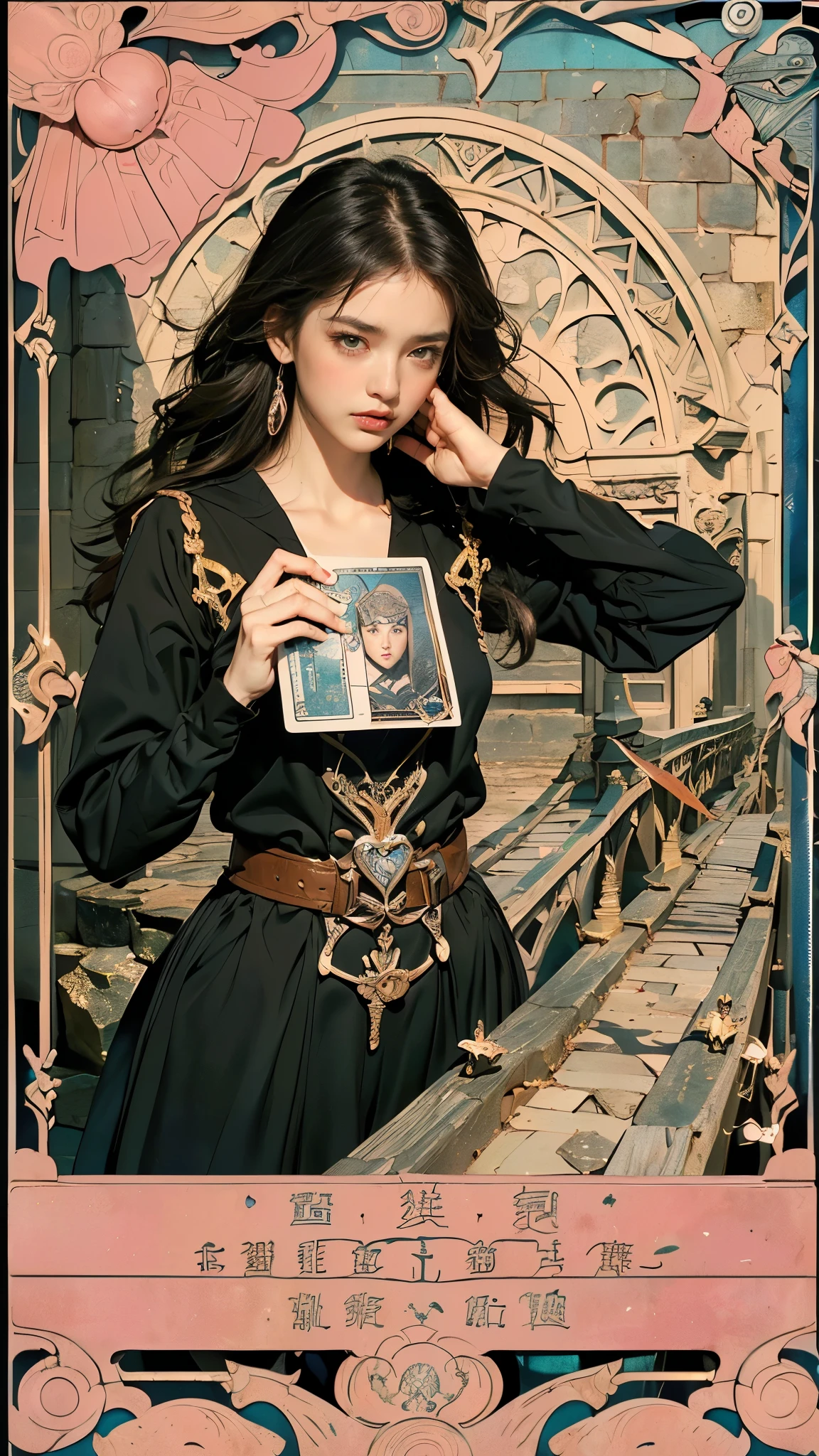 Highest quality、masterpiece、タロットcard、Balance scale、(Morgan Greer Tarot:1.2)、Retro art style、Thick outline、English text、Roman numerals、card、(Fit the frame properly:1.2)、(((タロットcard風の枠:1.5)))、((Medieval Europe、Woman crossing a bridge、Stone bridge、fear、Fear Pose、Blushing、Scared beautiful woman:1.5))