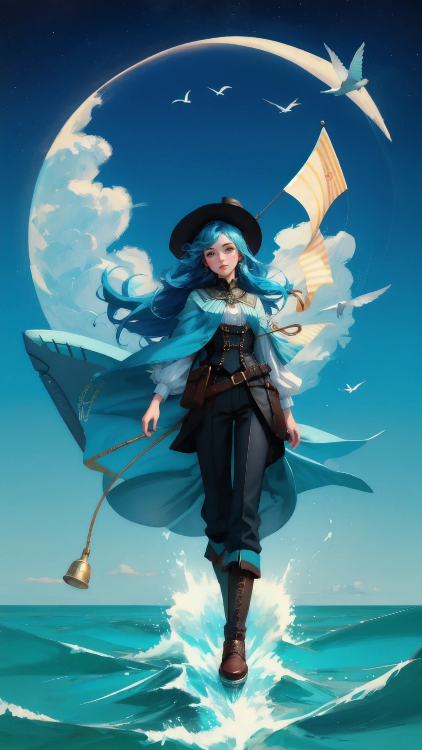 Illustrate a vibrant, blue-themed background titled 'Early Adopter's Cruiser.' Replace the bearded man with a beautiful, cute girl in a steampunk-inspired outfit. She should be holding a vintage telescope, scanning the horizon from the deck of a ship. Surround her with dynamic elements like playful dolphins and flying seagulls, adding a touch of adventure and excitement to the scene, all while capturing the spirit of exploration and early adoption in the crypto world.