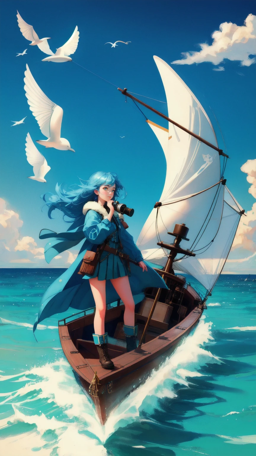 Illustrate a vibrant, blue-themed background titled 'Early Adopter's Cruiser.' Replace the bearded man with a beautiful, cute girl in a steampunk-inspired outfit. She should be holding a vintage telescope, scanning the horizon from the deck of a ship. Surround her with dynamic elements like playful dolphins and flying seagulls, adding a touch of adventure and excitement to the scene, all while capturing the spirit of exploration and early adoption in the crypto world.