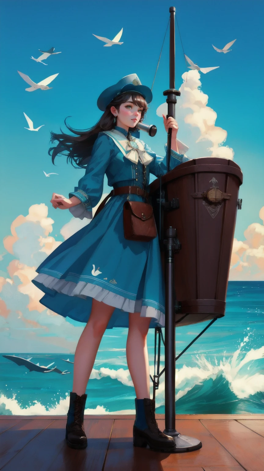 Illustrate a vibrant, blue-themed background titled 'Early Adopter's Cruiser.' Replace the bearded man with a beautiful, cute girl in a steampunk-inspired outfit. She should be holding a vintage telescope, scanning the horizon from the deck of a ship. Surround her with dynamic elements like playful dolphins and flying seagulls, adding a touch of adventure and excitement to the scene, all while capturing the spirit of exploration and early adoption in the crypto world.