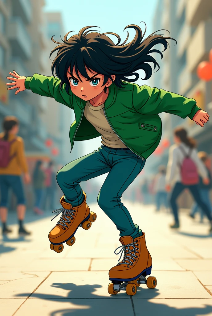 manga character, boy, cheuveux long noir, green jacket, roller dance
