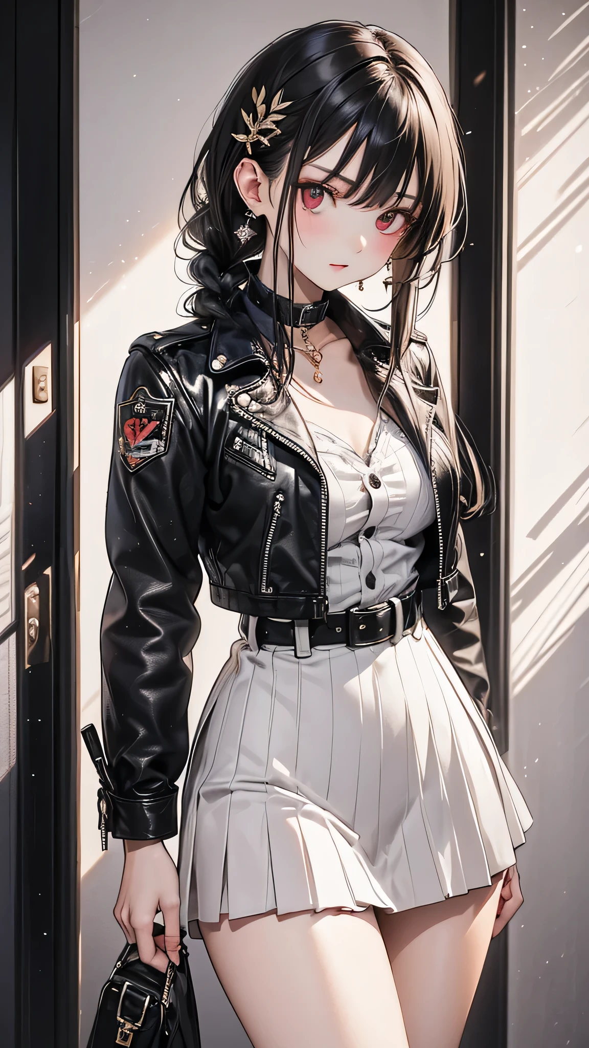 (masterpiece, Highest quality: 1.2), night, Highly detailed face, The real picture, Realistic Skin, Realistic body, Intricate details), Red eyes, (Intimidating look), A slight blush, Black leather jacket, Half-open button-up shirt (white), whiteいブラジャー, skirt, 黒 belt with buckle, Beautiful long hair (Stick to braids), Mid-chest, Slender beauty,