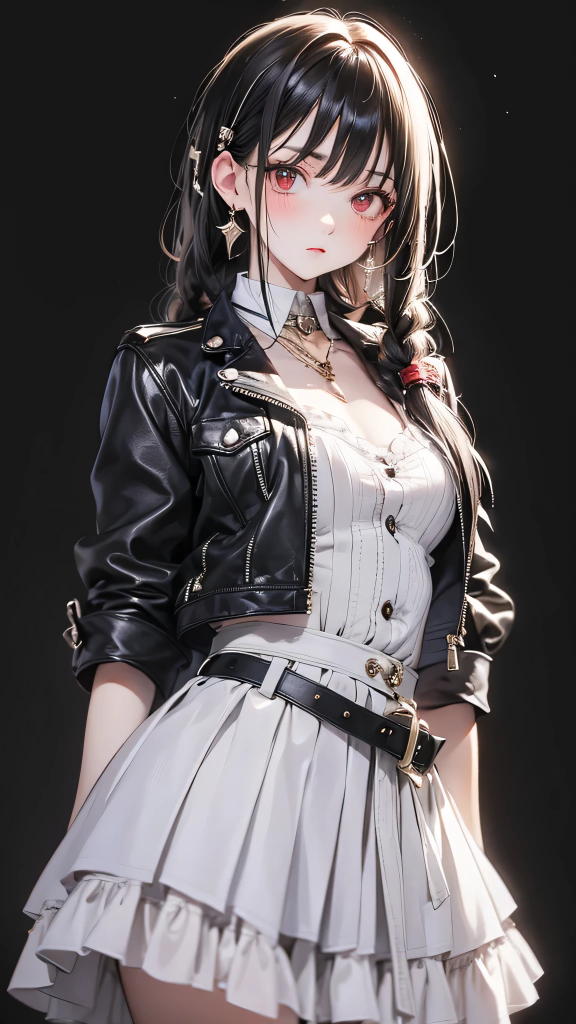 (masterpiece, Highest quality: 1.2), night, Highly detailed face, The real picture, Realistic Skin, Realistic body, Intricate details), Red eyes, (Intimidating look), A slight blush, Black leather jacket, Half-open button-up shirt (white), whiteいブラジャー, skirt, 黒 belt with buckle, Beautiful long hair (Stick to braids), Mid-chest, Slender beauty,