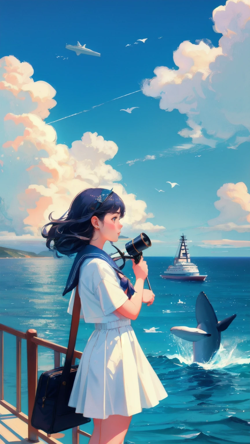 A beautiful, cute girl dressed as a vintage sailor, holding a telescope and looking out to sea with excitement. The background is a bright blue sky with fluffy clouds, featuring a large cruise ship in the distance labeled 'Early Adopter's Cruiser.' Sea creatures like whales and dolphins are swimming nearby, adding a sense of adventure.