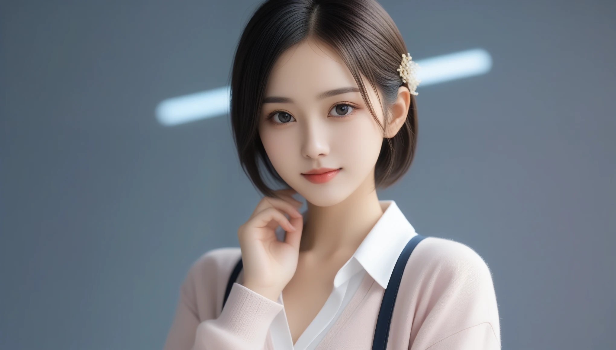8k, Ultra-high resolution, Highest quality, masterpiece, 三分割法によるphotograph,Surreal, photograph, 1 Girl, (:1.3), pretty girl, Cute Face, 細部までBeautiful Eyes, 細かくdetailedに,masterpiece,One Girl:1.2,Japanese women,Young Wife,upper body,smile,Black hair,Bowl cut,(Collared shirt:1.3),cardigan,Pencil Skirt,Gray background,Near future,(Beautiful attention to detail),Subtle details, detailedな顔, smile,attractive,(のポートレートphotograph:1.4),(Photorealistic images:1.4),Fantasy art,(Beautiful Face:1.4),美しくattractive目、Beautiful Eyes、(Tight waist:1.4)、(Beautiful with perfect body proportions:1.4),Pink Lips,Looking at the audience,(((Ideal body type))),A-cup small breasts :2,、Portraiture:2、Perfect Anatomy、鮮明なdetailed、detailed,Fashion magazine cover,Thin lips,完璧でBeautiful Face ,完璧でCute Face, Skin with attention to detail, Perfect limbs、Narrow waist,Surreal,Light and shadow,spotlight