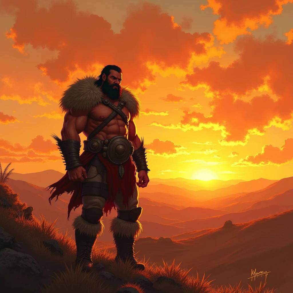 Color palette: Orange, yellow, and brown for a warm, retro feel.
Sunset 
Warrior 
Digital Drawing style 