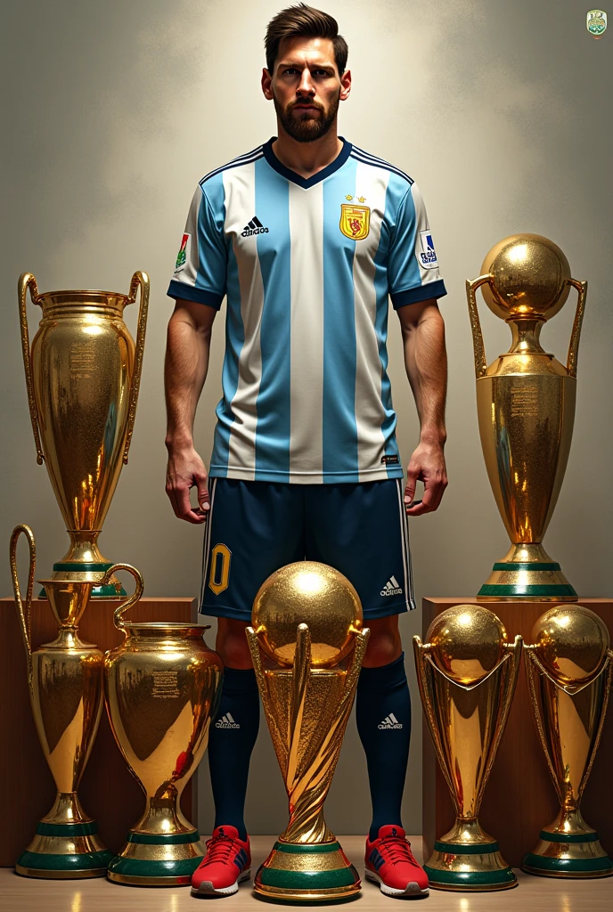 Messi with all of his Trophys also include world cup.