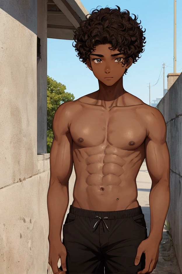 (A  with average physical appearance :), a 17 year oldho is 1.80m tall and has dark skin. His eyes are brown and his short hair is black and curly. His face has mixed features, with a somewhat flat nose and a large but thin mouth. His body is very average, yes, with average musculature, typical of a young man of his age.)