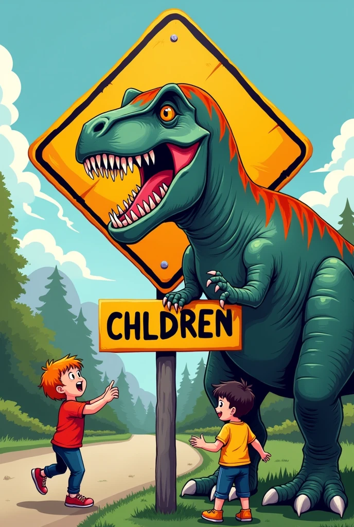 A caution children sign with children and a dino
