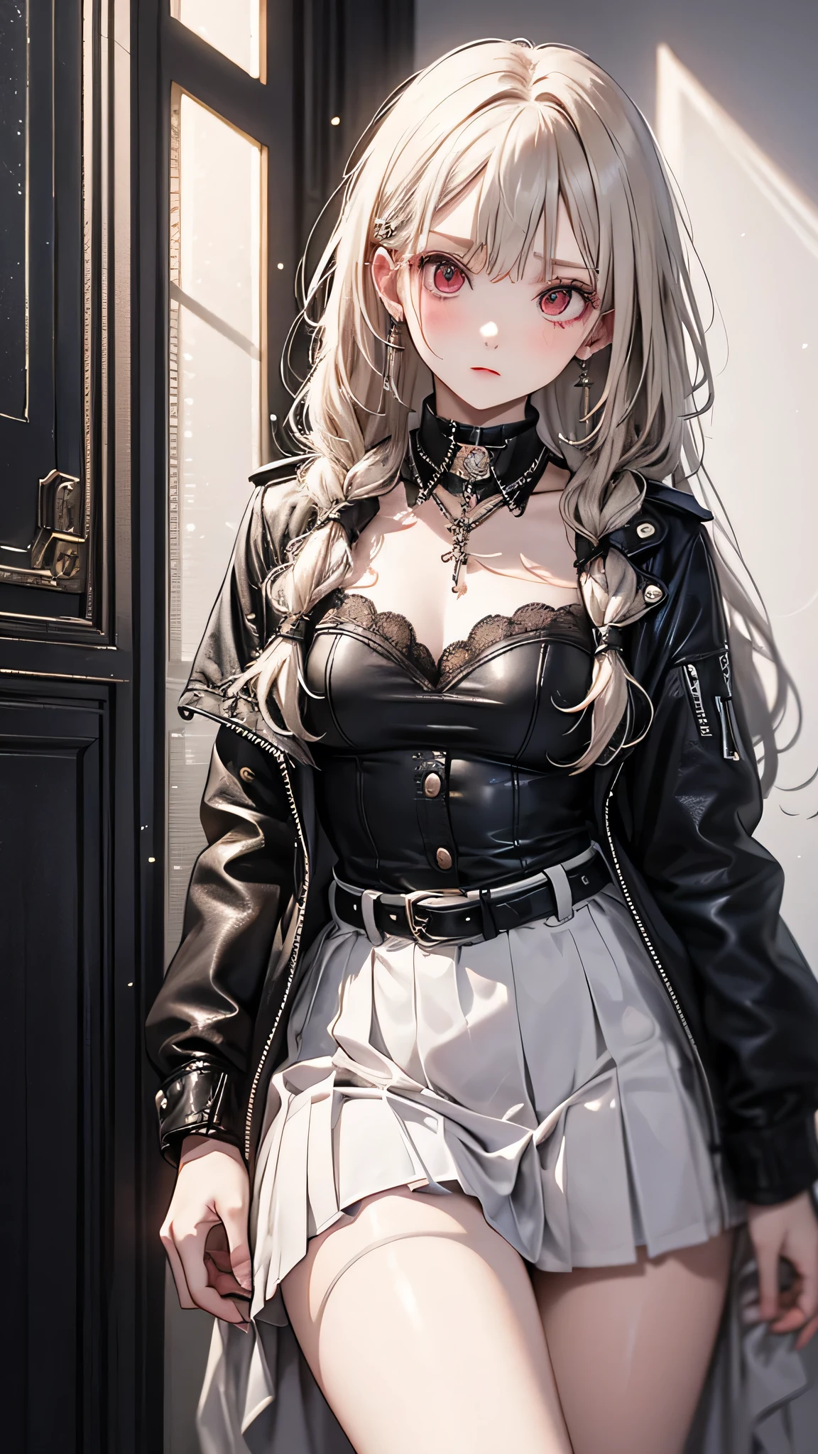 (masterpiece, Highest quality: 1.2), night, Highly detailed face, The real picture, Realistic Skin, Realistic body, Intricate details), Red eyes, (Intimidating look), A slight blush, Black leather jacket, Half-open button-up shirt (white), whiteいブラジャー, skirt, 黒 belt with buckle, Beautiful long hair (Stick to braids), Mid-chest, Slender beauty,
