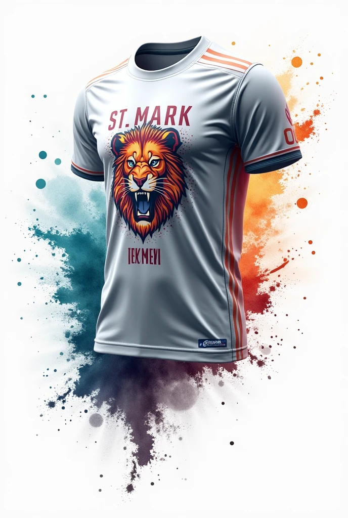 T-shirt Design:
Color: White (dominant, covering at least 60% of the design)
Front:
Main Design: The front should prominently feature the lion logo in a cricket-style pose, facing sideways. Incorporate unique and creative elements around the lion, such as abstract shapes, splashes of color, or dynamic patterns that blend with the white background. The aim is to make the lion and its surrounding design visually striking while maintaining a dominant white color.
Back:
Design: Keep the back design minimal to ensure focus on the essential elements.
Text and Numbers: Include the text "St. Mark" and large "00" numbers in a bold, sporty font. The numbers and text should be clearly visible and centered, with minimal additional design elements to maintain a clean look.
Shorts:
Color: White to match the T-shirt.
Design: A small number (00) on one side of the shorts, preferably on the lower left or right, matching the jersey number on the back of the T-shirt. The shorts can have subtle design elements, such as small logos or abstract patterns that complement the T-shirt design.