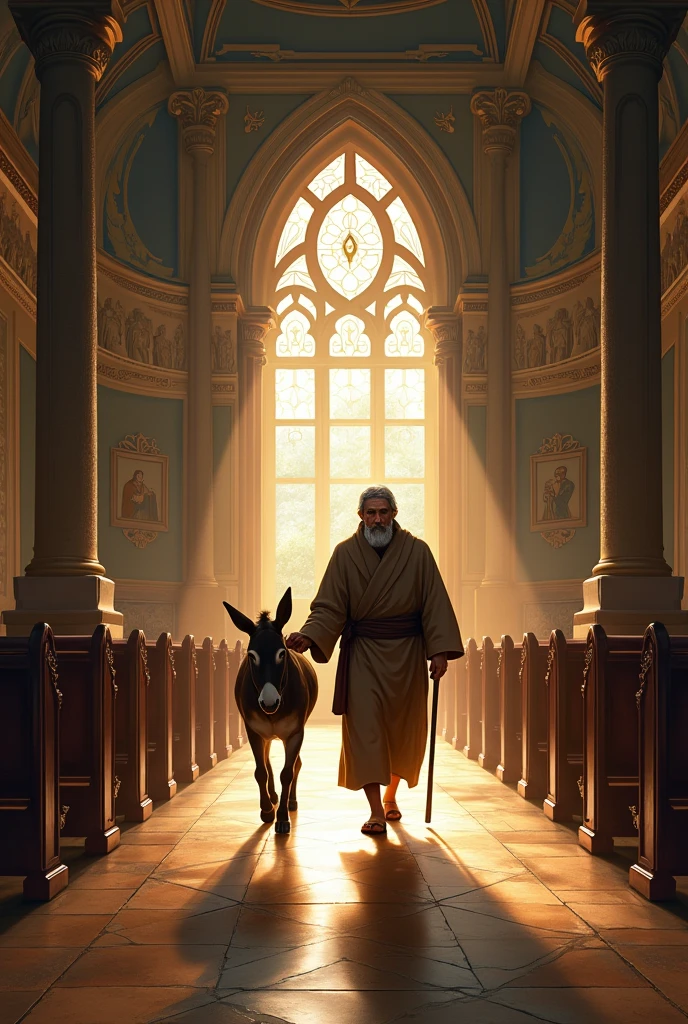 A man with a donkey walking through chapel
