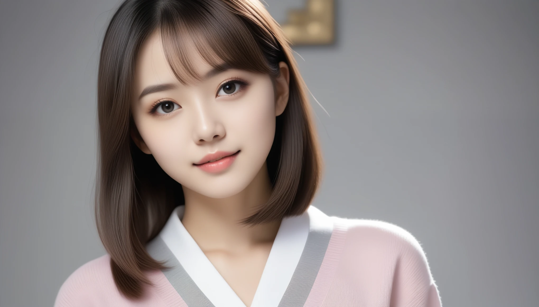 8k, Ultra-high resolution, Highest quality, masterpiece, 三分割法によるphotograph,Surreal, photograph, 1 Girl, (:1.3), pretty girl, Cute Face, 細部までBeautiful Eyes, 細かくdetailedに,masterpiece,One Girl:1.2,Japanese women,Young Wife,upper body,smile,Black hair,Bowl cut,(Collared shirt:1.3),cardigan,Pencil Skirt,Gray background,Near future,(Beautiful attention to detail),Subtle details, detailedな顔, smile,attractive,(のポートレートphotograph:1.4),(Photorealistic images:1.4),Fantasy art,(Beautiful Face:1.4),美しくattractive目、Beautiful Eyes、(Tight waist:1.4)、(Beautiful with perfect body proportions:1.4),Pink Lips,Looking at the audience,(((Ideal body type))),A-cup small breasts :2,、Portraiture:2、Perfect ???????、鮮明なdetailed、detailed,Fashion magazine cover,Thin lips,完璧でBeautiful Face ,完璧でCute Face, Skin with attention to detail, Perfect limbs、Narrow waist,Surreal,Light and shadow,spotlight