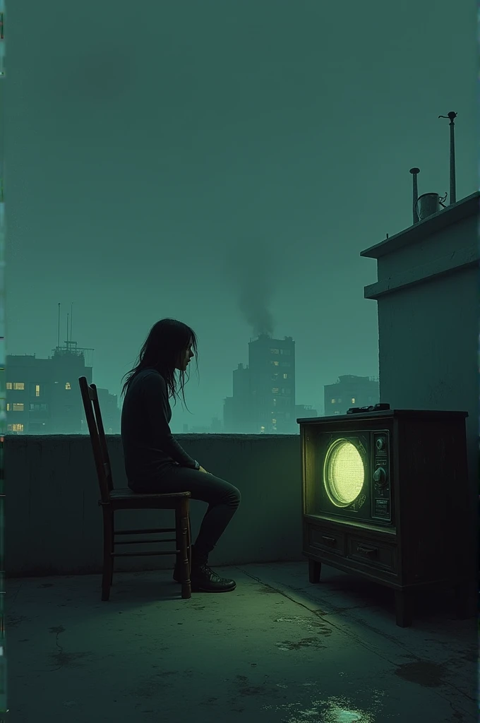 Radio: An old, dusty radio placed in one corner of the rooftop. It appears eerie, having turned on by itself. The radio emits a faint, ghostly glow, contributing to the haunting atmosphere.Chair: The chair on which Nishith is sitting should look simple and somewhat out of place on the rooftop, adding to the feeling of unease.