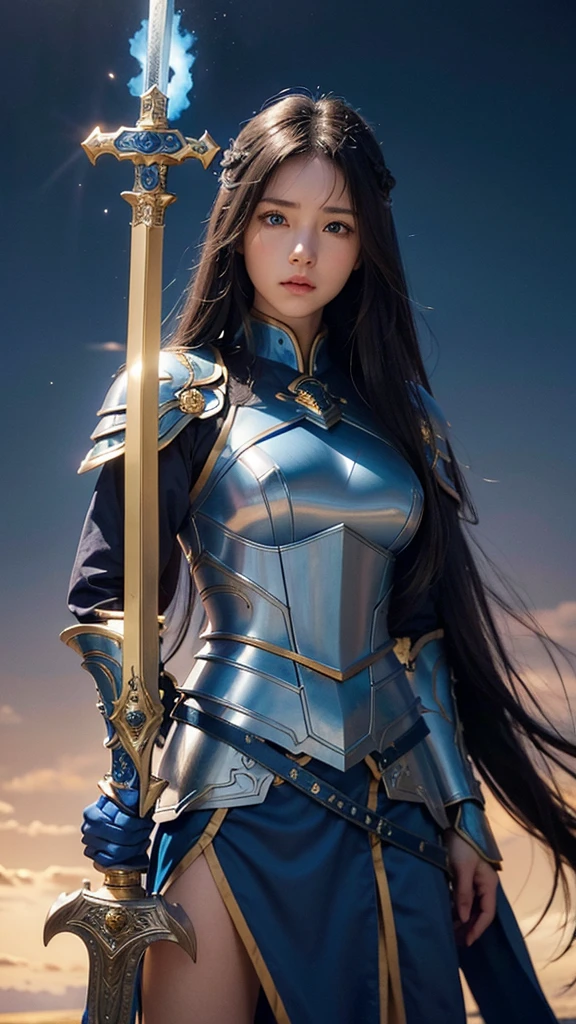 青いLong Hair、Blue armor with yellow and white engravings、Holding a big blue sword、Beautiful woman、Cliff、cumulonimbus、Big Dragon、High resolution, Long Hair, blue eyes, Anatomically correct, 最高quality, High-resolution model, High detail, quality, 高quality, 