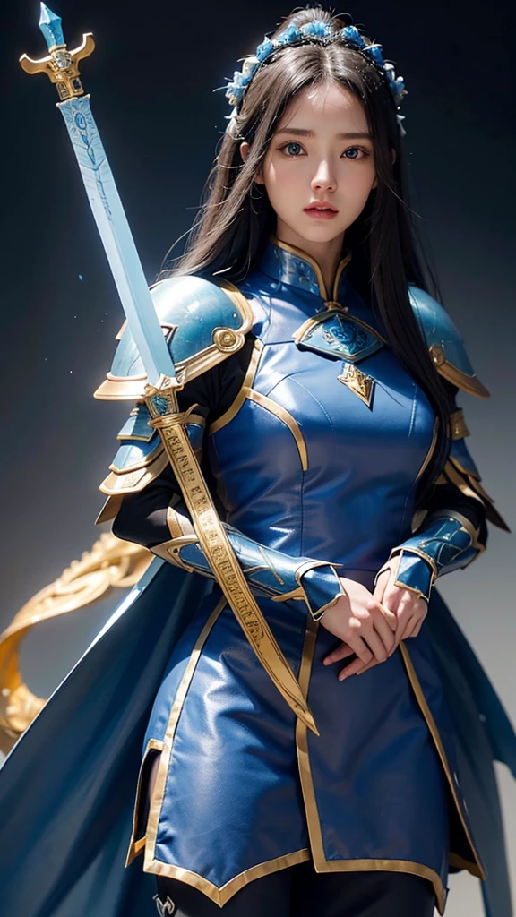 青いLong Hair、Blue armor with yellow and white engravings、Holding a big blue sword、Beautiful woman、Cliff、cumulonimbus、Big Dragon、High resolution, Long Hair, blue eyes, Anatomically correct, 最高quality, High-resolution model, High detail, quality, 高quality,