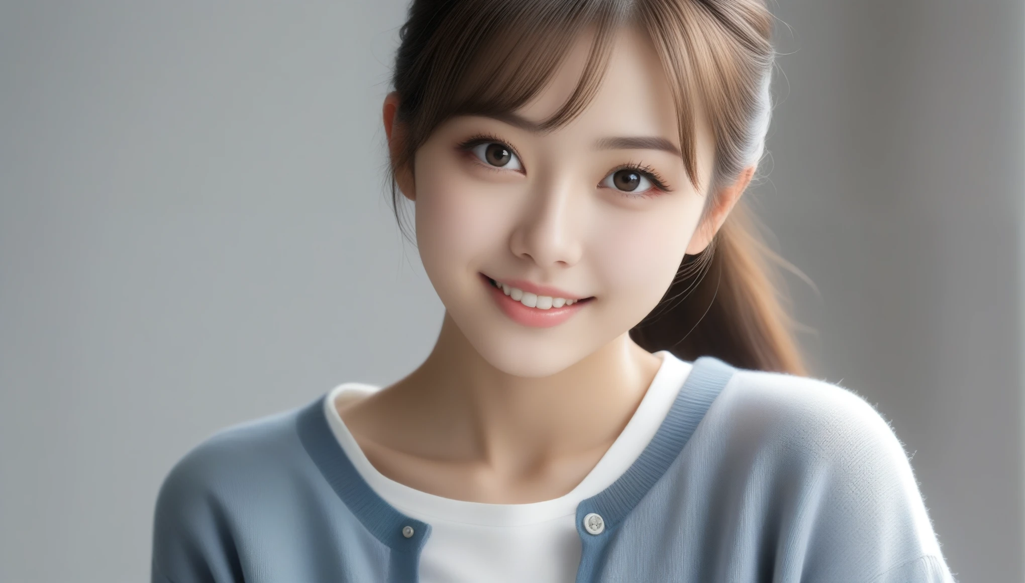 8k, Ultra-high resolution, Highest quality, masterpiece, 三分割法によるphotograph,Surreal, photograph, 1 Girl, (:1.3), pretty girl, Cute Face, 細部までBeautiful Eyes, 細かくdetailedに,masterpiece,One Girl:1.2,Japanese women,Young Wife,upper body,smile,Black hair,Bowl cut,(Collared shirt:1.3),cardigan,Pencil Skirt,Gray background,Near future,(Beautiful attention to detail),Subtle details, detailedな顔, smile,attractive,(のポートレートphotograph:1.4),(Photorealistic images:1.4),Fantasy art,(Beautiful Face:1.4),美しくattractive目、Beautiful Eyes、(Tight waist:1.4)、(Beautiful with perfect body proportions:1.4),Pink Lips,Looking at the audience,(((Ideal body type))),A-cup small breasts :2,、Portraiture:2、Perfect ???????、鮮明なdetailed、detailed,Fashion magazine cover,Thin lips,完璧でBeautiful Face ,完璧でCute Face, Skin with attention to detail, Perfect limbs、Narrow waist,Surreal,Light and shadow,spotlight