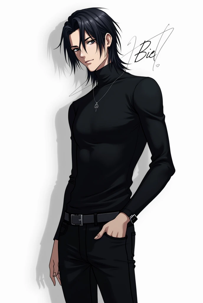 Male character black turtleneck shirt with name Biel black jeans long hair white math anime