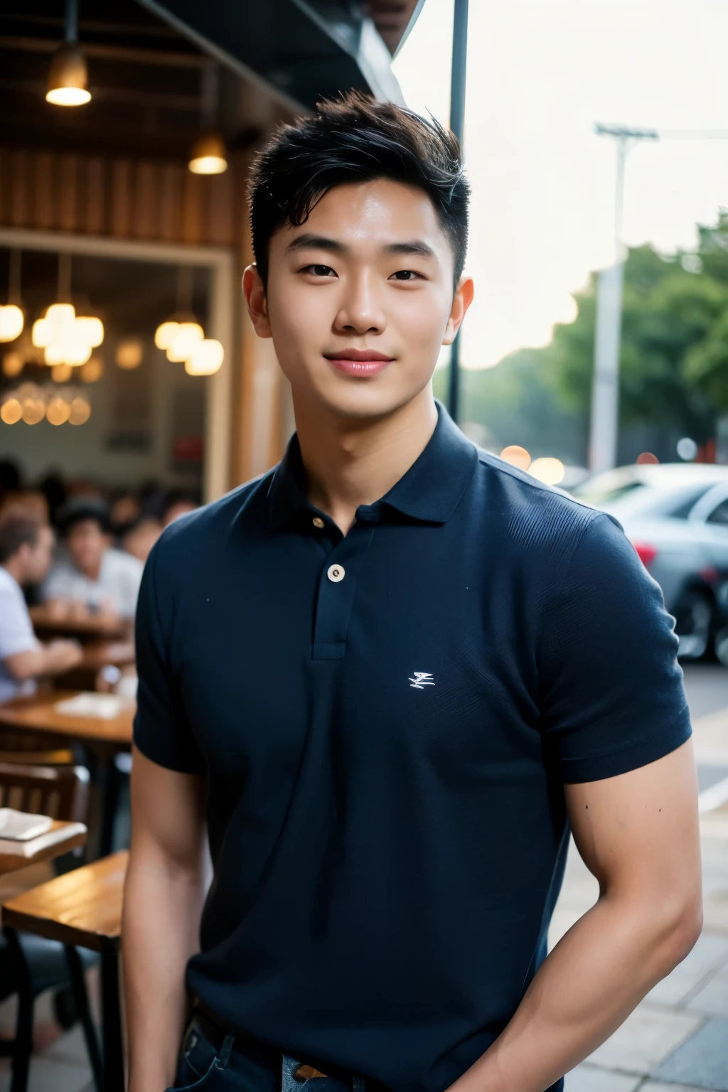 ((realistic daylight)) , Young Korean man in a navy blue polo shirt only, no stripes, and jeans., A handsome, muscular young Asian man looks at the camera.  , in the restaurant ,turn sideways, smile