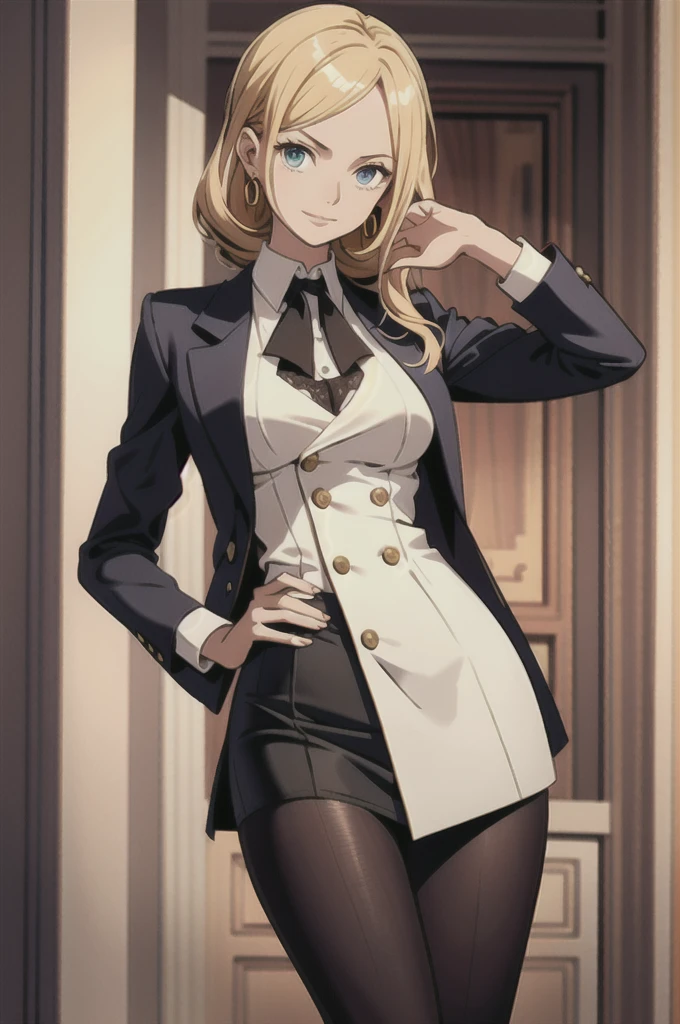 Create an image of a gender-swapped Sanji from One Piece, reimagined as a sophisticated young woman dressed in classic "old money" style clothing. She has long, flowing blonde hair styled with elegant waves or a refined updo, perfectly framing her face and adding to her polished appearance. Her bright blue eyes are sharp and expressive, reflecting both confidence and a touch of class.
She is wearing an elegant "old money" outfit, characterized by its timeless sophistication and high-quality craftsmanship. The outfit includes:
Blouse: A tailored, white blouse with a high collar and delicate lace or embroidery detailing around the neckline, adding a touch of vintage charm.
Jacket: A fitted, double-breasted blazer in a deep, rich color such as navy blue, charcoal gray, or burgundy. The blazer should have subtle yet refined details, like gold buttons or a slight sheen, and be perfectly tailored to accentuate her figure.
Skirt: A high-waisted, A-line skirt that falls just below the knee, in a coordinating color that complements the blazer. The skirt might feature a gentle pleat or subtle patterns, enhancing the classic look.
Accessories: A silk scarf or cravat tied around her neck, adding a touch of sophistication. She may also wear a pair of classic, understated pearl earrings or a delicate brooch pinned to her blazer.
Footwear: Polished, leather loafers or elegant pumps with a low heel, perfectly suited for a refined, old money aesthetic.
Sanji's posture is poised and elegant, perhaps with one hand gently resting on her hip and the other adjusting her scarf or holding a small, classic handbag. Her expression is serene and confident, with a slight, knowing smile that captures her grace and sophisticated charm.
Every detail, from the luxurious texture of her clothing to the subtle elegance of her accessories, is rendered with meticulous care. The image should be visually stunning and captured in 8K resolution, ensuring that every aspect of her appearance is portrayed
