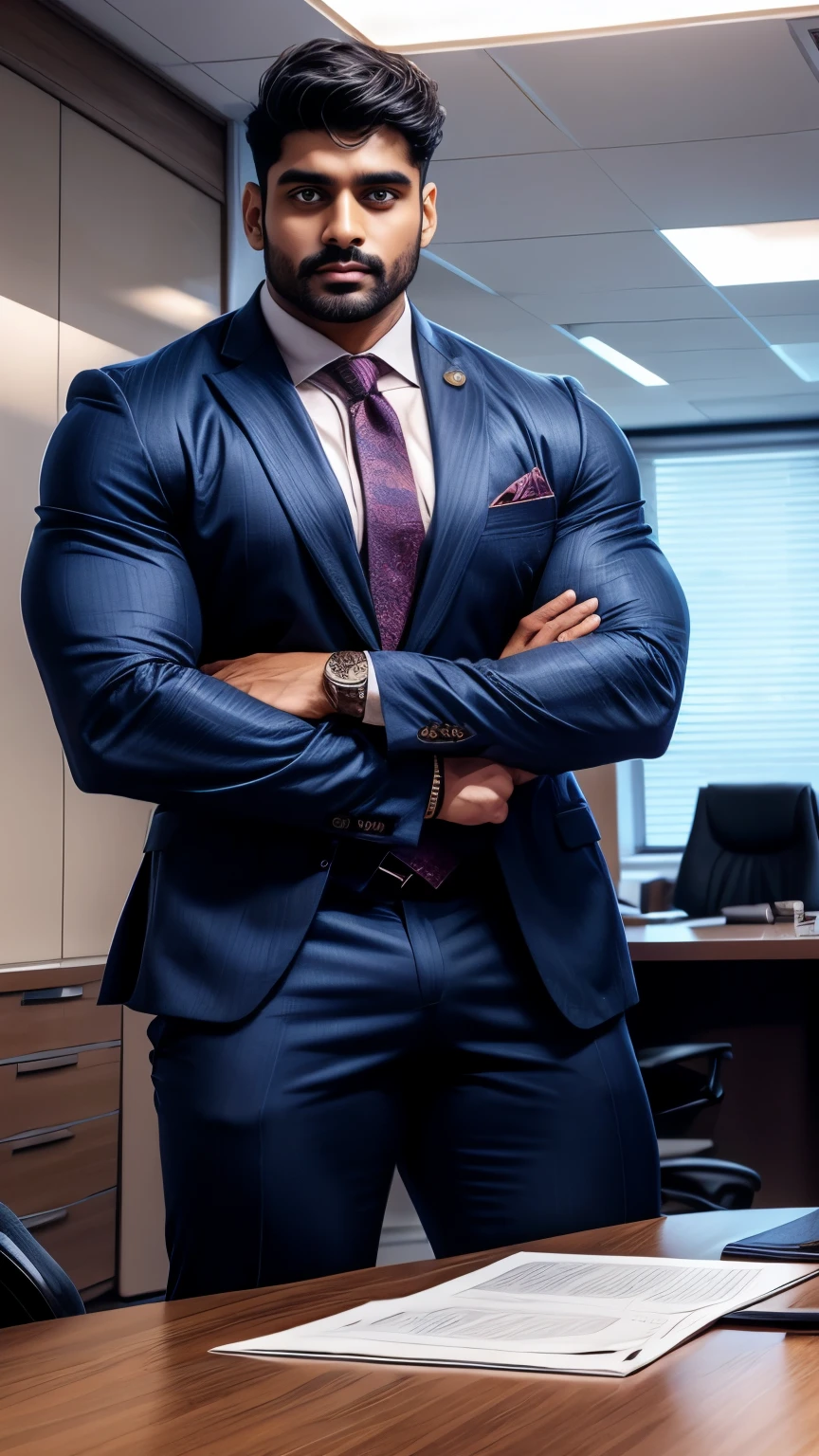 Indian gurjar ARJUN gay man in business suit with underwear, standing in office with spread legs, huge bulge