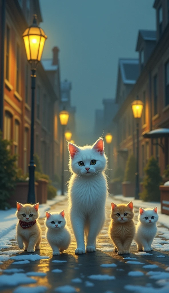 Kittens Walking with the white cat on a cold evening street, there are yellow street lights