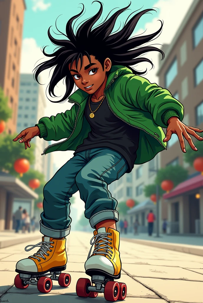 manga character, boy, cheuveux long, peau noir, green jacket, roller dance